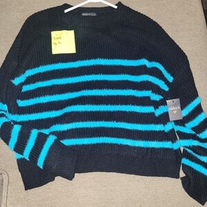 20% Off 2 Or More Items Sw4 New Nikkak Black and Turquoise Striped Sweater